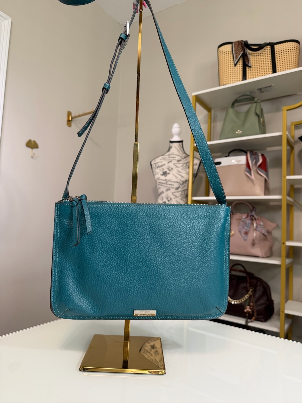 Vince Camuto Teal Pebbled Leather Crossbody/Shoulder Bag